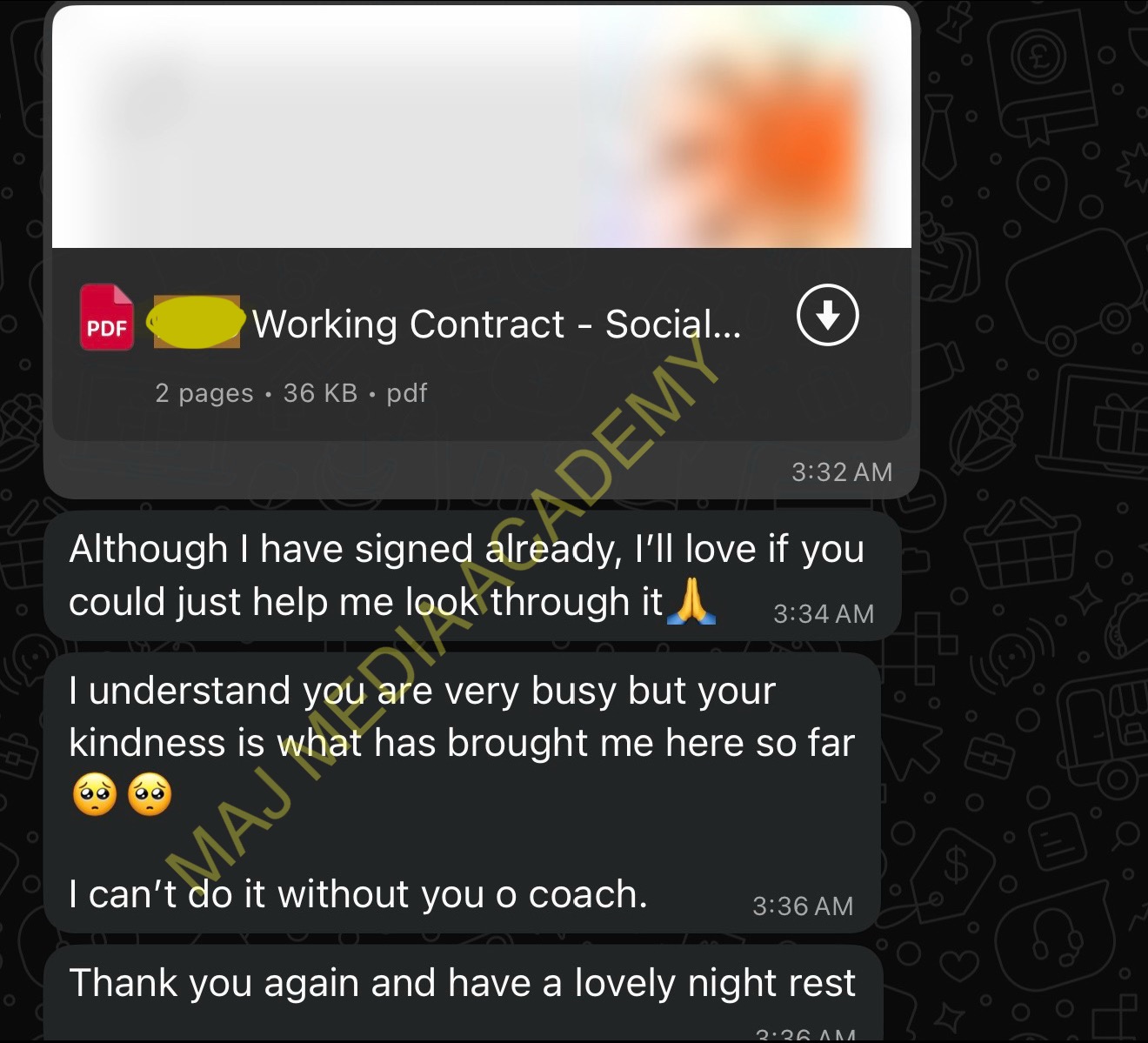 Student testimonial with signed work contract